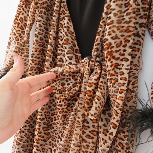 NBD Revolve Size Small Velvet Leopard Animal Print Feather Cuff Maxi Wrap Dress - Picture 14 of 16